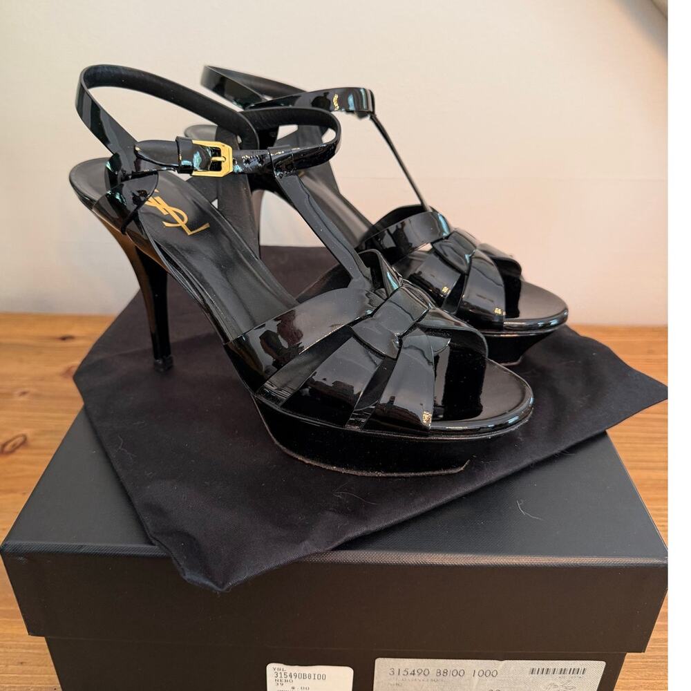 Authentic Saint Laurent YSL Tribute Patent Leather Platform Sandals size 39